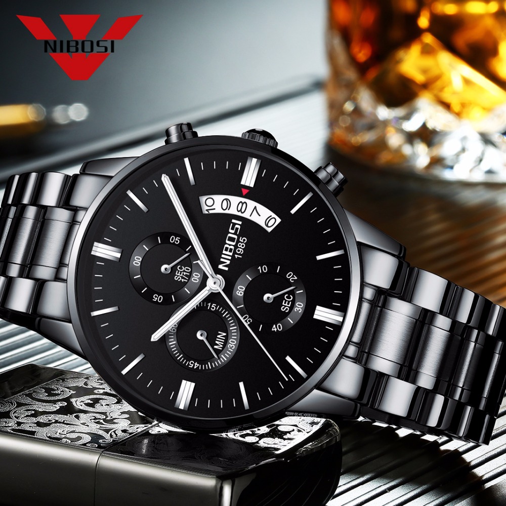 Jewelry Inspired Watches - NIBOSI สแตนเลสสีดำนาฬิกาควอตซ์ Luxury Chronograph นาฬิกาข้อมือชาย Relogio