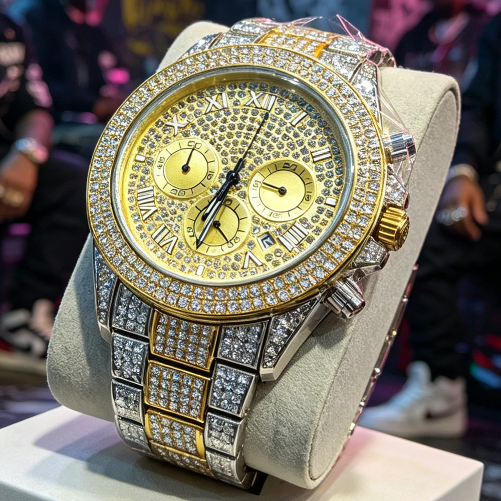 Jewelry And Watches Luxury Brand - นาฬิกาควอตซ์ฮิปฮอปแบบเต็มเพชร ไม่มีโลโก้ สีเงิน-ทอง แบรนด์ดังสุดฮิตสำหรับผู้ชาย แฟชั่นหรูหรา พร้อมส่งแบบดรอปชิปปิ้ง