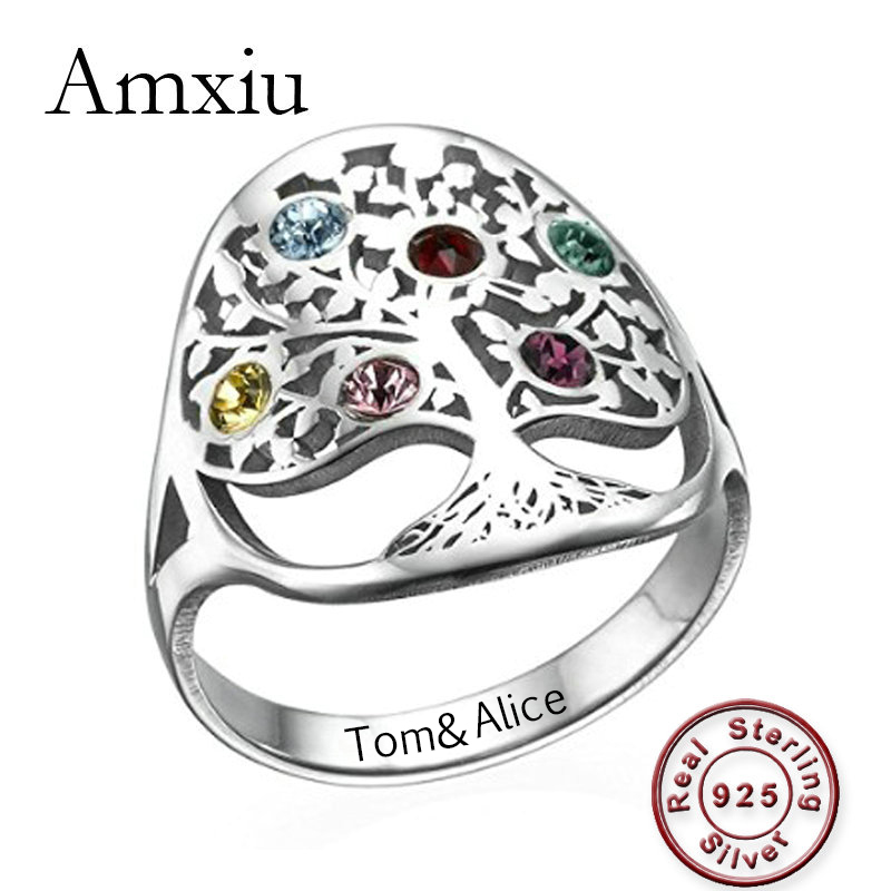 Birthstone Ring Set - Amxiu ส่วนบุคคลต้นไม้แหวน Birthstones แกะสลักชื่อครอบครัวแหวนปรับแต่ง 925 แหวนเงินผู้หญิงแม่ของขวัญเครื่องประดับ