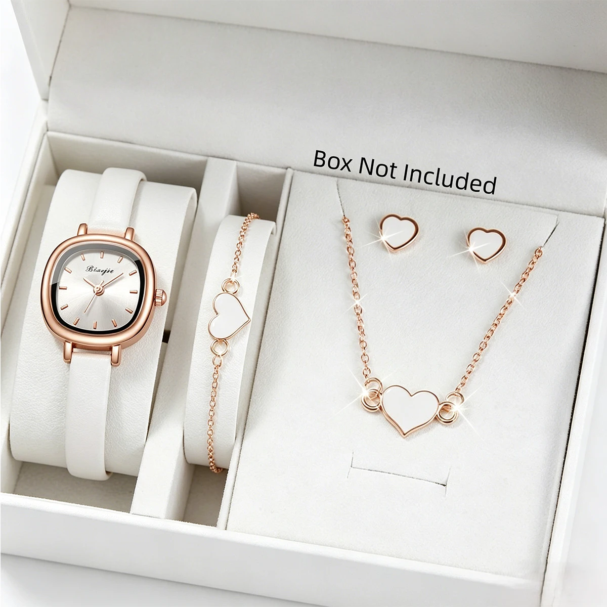 Fine Jewelry Watches Women - 5 ชิ้นแฟชั่นหน้าปัดสี่เหลี่ยมผู้หญิงนาฬิกาควอตซ์ชุดเครื่องประดับหัวใจสายหนังละเอียดพิเศษนาฬิกาข้อมือเรโลจ มูเยร์(ไม่มีกล่อง)