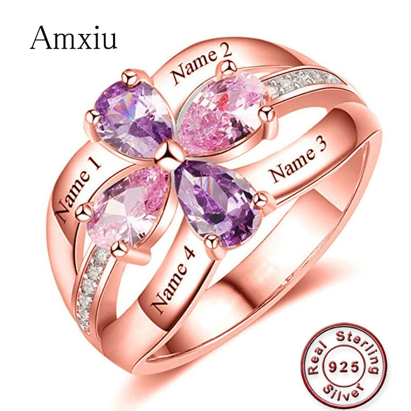 Birthstone Ring Set - Amxiu ปรับแต่งขนาดใหญ่แหวนชื่อแหวน Birthstones 925 แหวนเงินสเตอร์ลิงสำหรับสตรีเครื่องประดับส่วนบุคคล