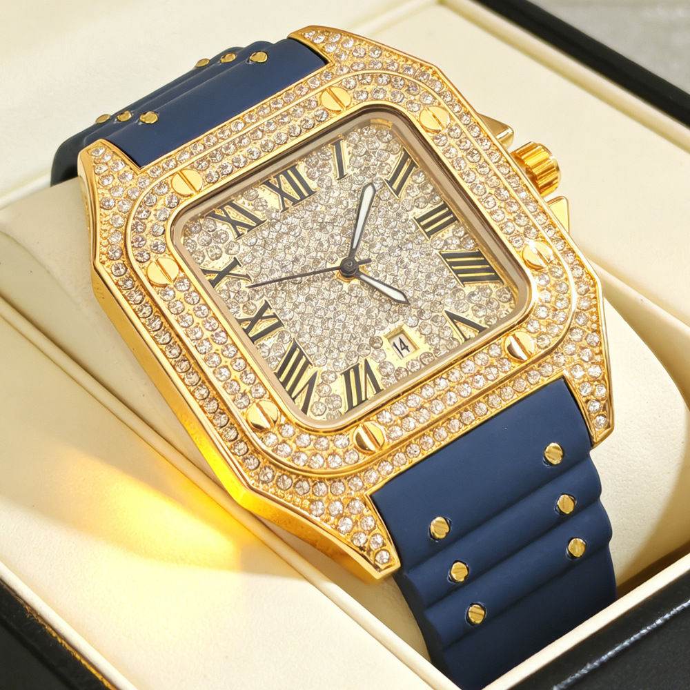 Jewelry Clasp Watches - นาฬิกาควอตซ์แฟชั่นสุดฮิต ประดับเพชรเต็มหน้าปัด สายยาง สำหรับผู้ชาย สไตล์ฮิปฮอป หรูหรา