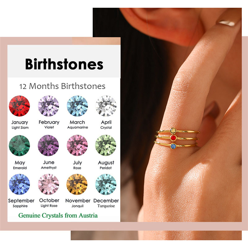Birthstone Ring Set - สแตนเลส Birthstone แหวนคริสตัลต้นฉบับจากออสเตรียสําหรับผู้หญิงทองสีแหวนเทศกาลแฟชั่นเครื่องประดับ