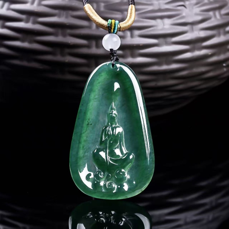 The Jewelry & Watches - จี้พระพุทธรูปหยกสีน้ำเงินธรรมชาติแท้ สร้อยคอหยกพม่าใหม่ เครื่องประดับหรูหราสำหรับผู้หญิง พร้อมใบรับรอง