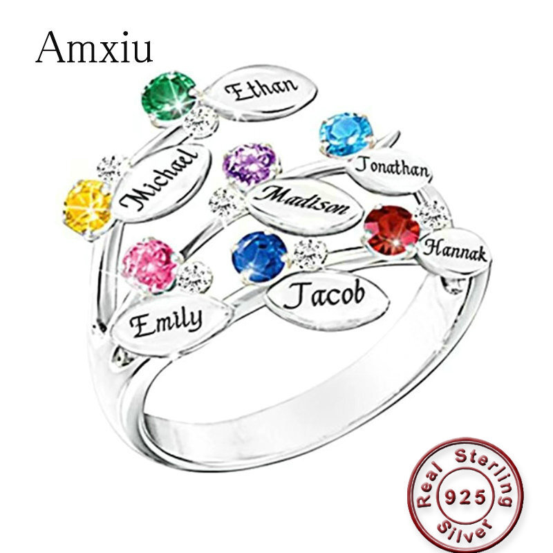 Birthstone Ring Set - Amxiu CUSTOM 100% 925 แหวนเงินแกะสลักเจ็ดชื่อแหวน Birthstones