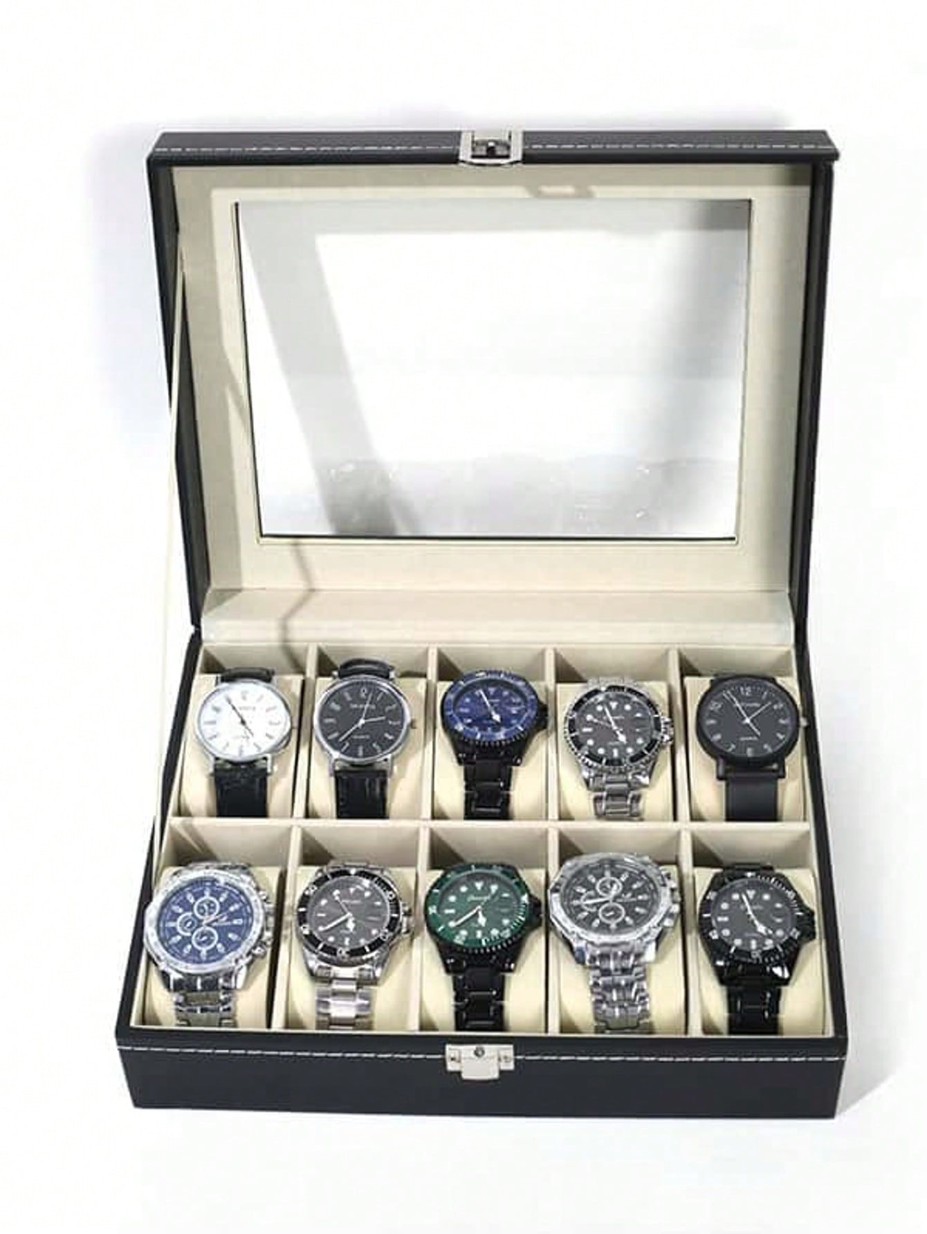 Watch Display Box - กล่องใส่นาฬิกาหนังพร้อมกุญแจล็อค, กล่องโชว์นาฬิกาความจุขนาดใหญ่, กล่องเก็บเครื่องประดับระดับไฮเอนด์สำหรับผู้ชายและผู้หญิง, สำหรับโต๊ะเครื่องแป้งในบ้าน