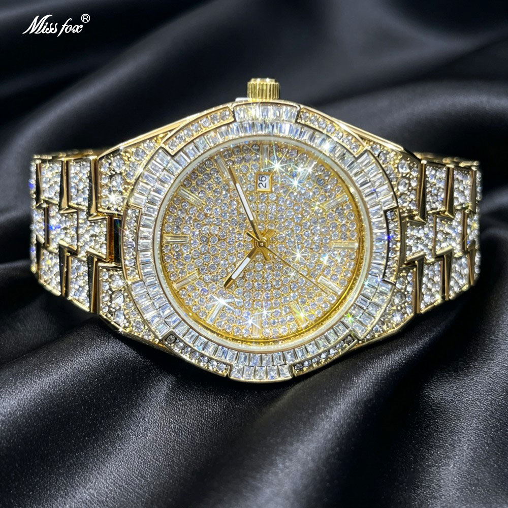 Jewelry And Watches Luxury Brand - นาฬิกาข้อมือผู้ชายสีทองสุดฮิต แบรนด์แฟชั่น MISSFOX สไตล์ฮิปฮอป ประดับเพชรเต็มตัว หรูหรา