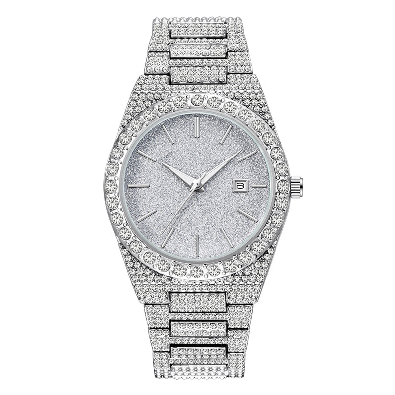Jewelry Inspired Watches - นาฬิกาข้อมือผู้ชายแบรนด์ดัง สไตล์ฮิปฮอป ประดับเพชร สายโลหะผสม แสดงวันที่ สีทอง