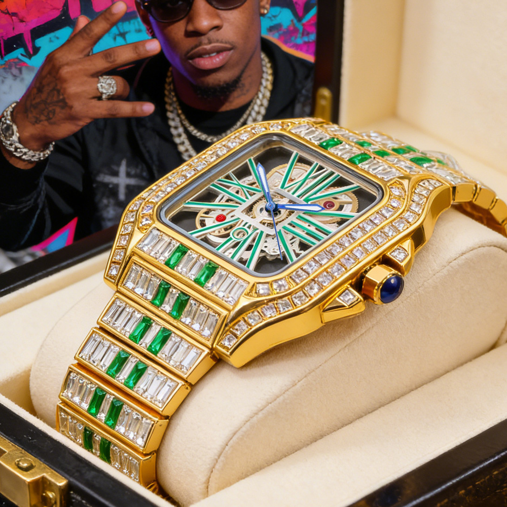 Jewelry And Watches Luxury Brand - นาฬิกาข้อมือควอตซ์หรูหราประดับเพชรเต็มหน้าปัด แฟชั่นสุดฮิตสำหรับผู้ชาย แบรนด์ฮิปฮอป ดีไซน์สี่เหลี่ยม พร้อมบริการดรอปชิปปิ้ง