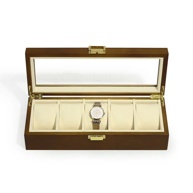 Watch Display Box - กล่องใส่นาฬิกา ไม้เนื้อแข็งห้าช่องพร้อมฝาปิด กล่องเก็บนาฬิกา กล่องโชว์นาฬิกา
