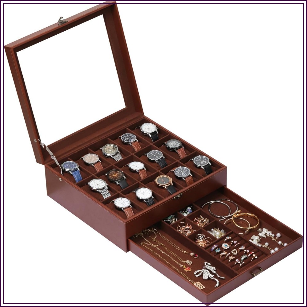 Jewelry Box That Holds Watches - กล่องใส่นาฬิกา 2 ชั้นพร้อมตัวล็อค ใส่นาฬิกาได้ 15 เรือน