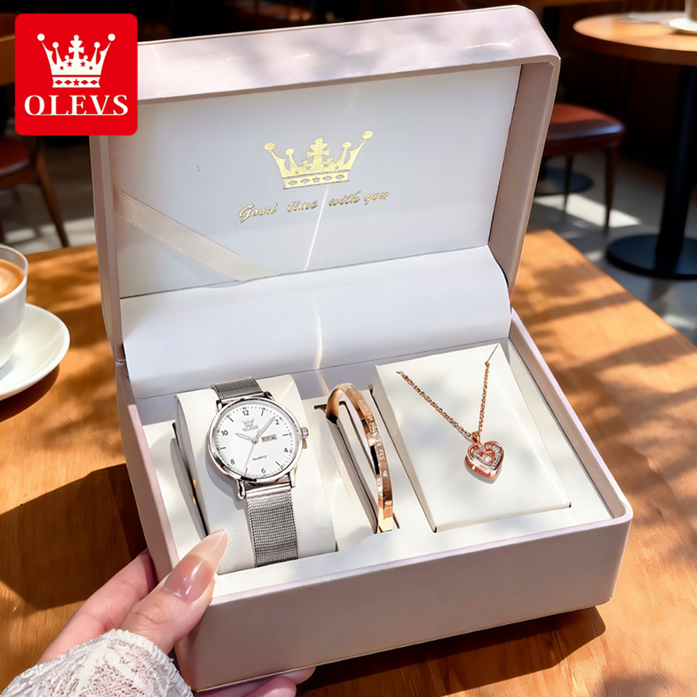 Watch Display Box - OLEVS 2996 นาฬิกาผู้หญิงนาฬิกาควอทซ์หรูหราบางเฉียบกันน้ำปฏิทินคู่นาฬิกาสำหรับผู้หญิงของขวัญกล่องรีโลจ