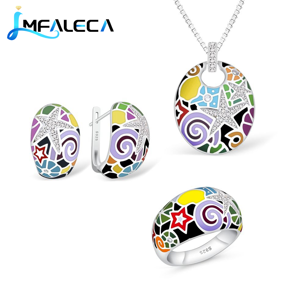 Birthstone Ring Set - LMFALECAผู้หญิง925เงินสเตอร์ลิงชุดเครื่องประดับเคลือบMulticolorรูปแบบคลิปต่างหูแหวนสร้อยคอหรูหราเครื่องประดับBirthstone