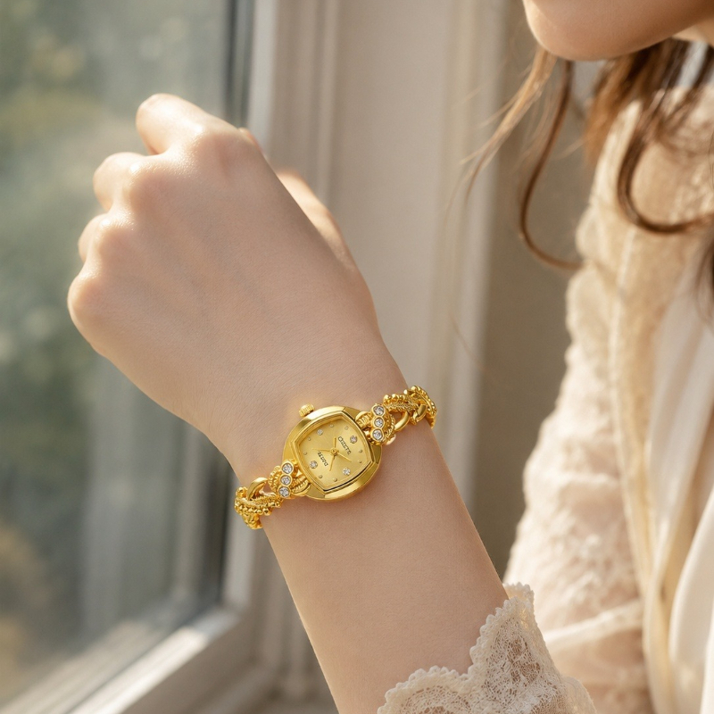 Jewelry And Watches Luxury Brand - นาฬิกาข้อมือแฟชั่นผู้หญิง ดีไซน์หรูหรา ประดับเพชร พลอยเทียม สายแบบเกลียว ตัวเรือนทอง
