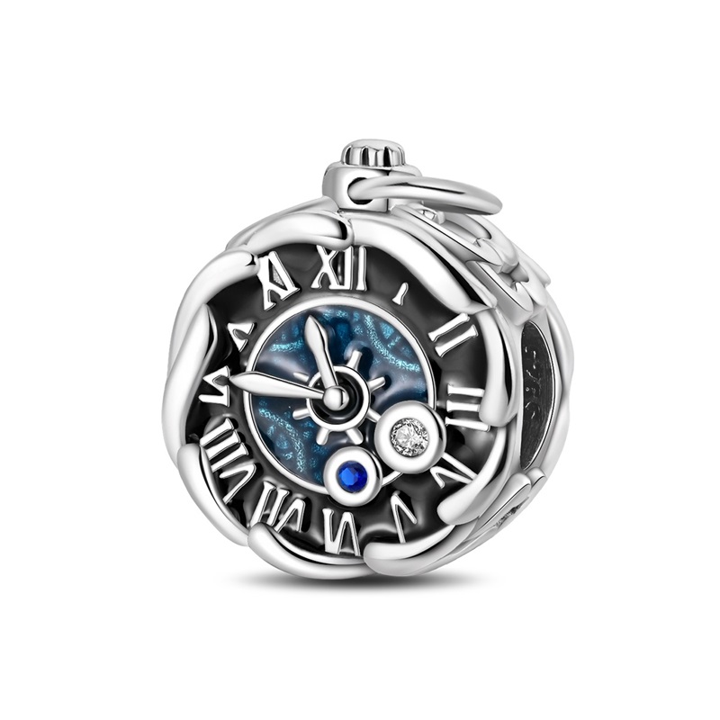 Fine Jewelry Watches Women - ชาร์มเงินแท้ 925 ประดับเพชร CZ สไตล์เรโทร รูปนาฬิกาพก