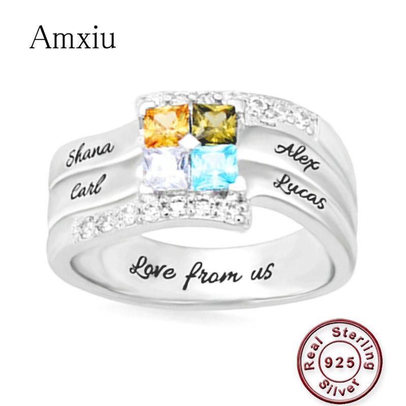 Birthstone Ring Set - Amxiu ปรับแต่งสี่ชื่อครอบครัวส่วนบุคคล 925 แหวนเงิน Birthstones ขนาดใหญ่