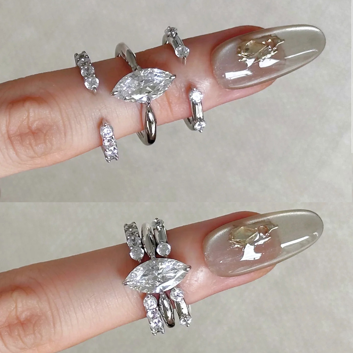 Minimalist Ring Stackable - แหวนเงินแท้ S925 สไตล์มินิมอลแบบสามชิ้นในหนึ่งเดียว พร้อมเพชรเซอร์คอนทรงตาแมวที่แวววาว ปรับขนาดได้สำหรับผู้หญิง