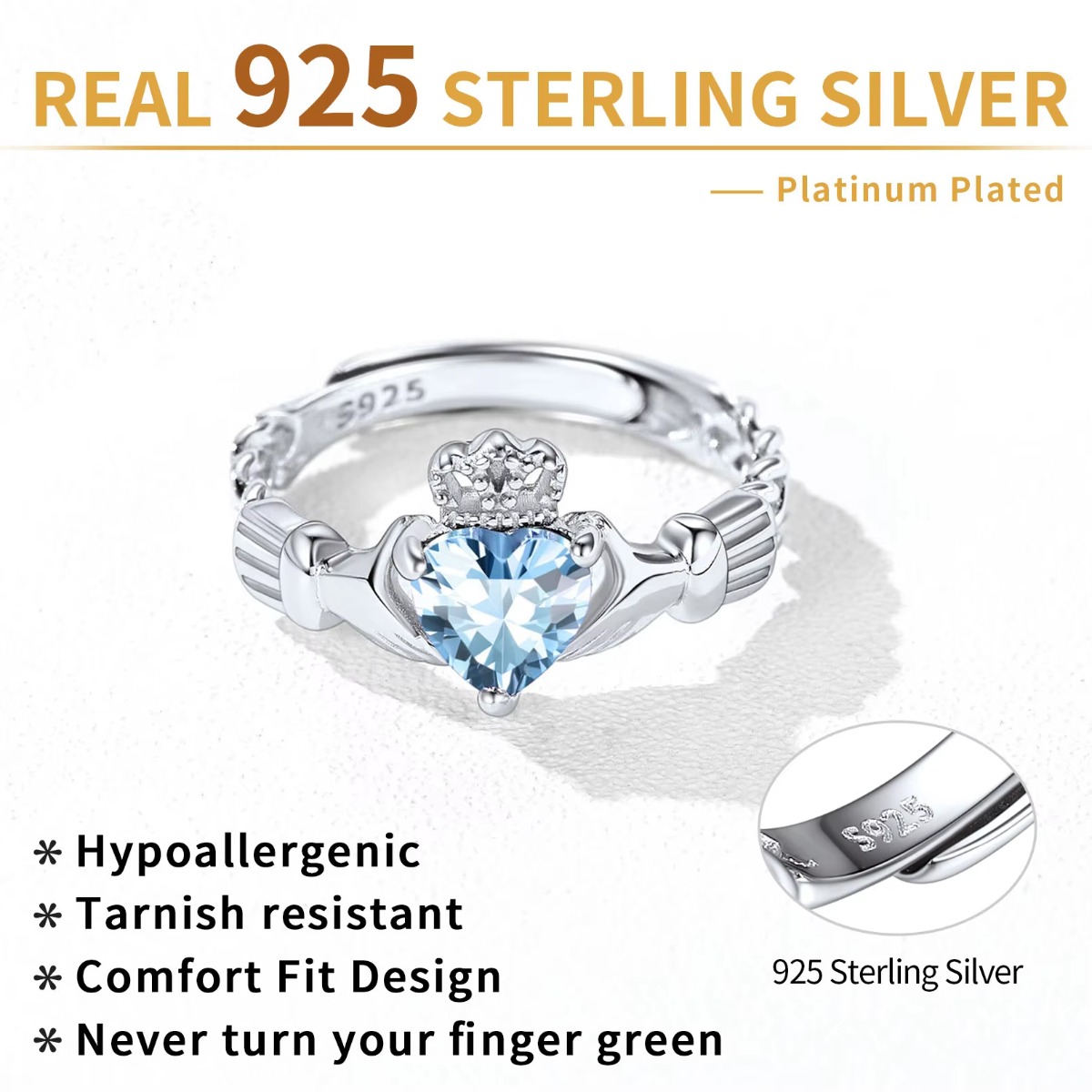 U7 3 มม.925 เงิน Claddagh แหวน - Birthstone Ring Set บทวิจารณ์และราคา